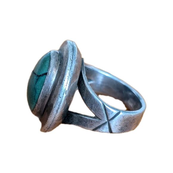 Vintage Navajo Green Turquoise Ring Cabochon Sterling Silver Size 8 Old Pawn - Picture 3 of 8